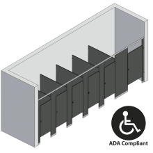 An isometric view of a ADA 6 stalls, between walls right hand toilet partition layout