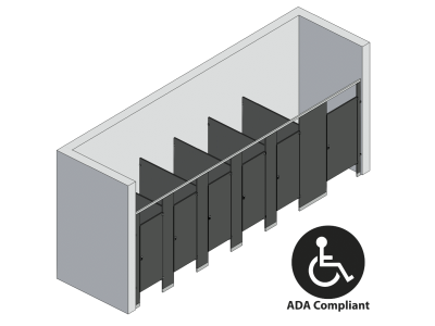 An isometric view of a ADA 6 stalls, between walls right hand toilet partition layout