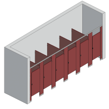 An isometric view of a standard 6 stalls, between walls right hand toilet partition layout