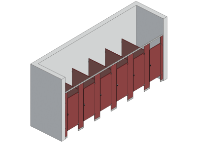 An isometric view of a standard 6 stalls, between walls right hand toilet partition layout