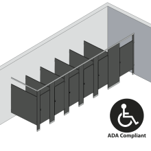 An isometric view of a ADA 6 stalls, in corner left hand toilet partition layout