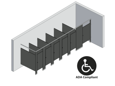 An isometric view of a ADA 6 stalls, in corner left hand toilet partition layout