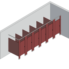 An isometric view of a standard 6 stalls, in corner left hand toilet partition layout