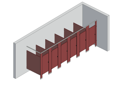 An isometric view of a standard 6 stalls, in corner left hand toilet partition layout