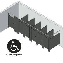 An isometric view of a ADA 6 stalls, in corner right hand toilet partition layout