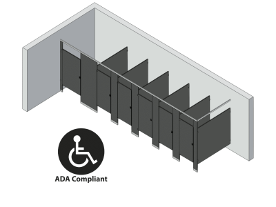 An isometric view of a ADA 6 stalls, in corner right hand toilet partition layout