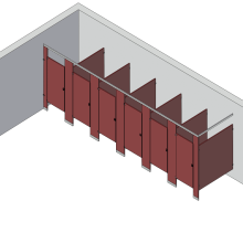 An isometric view of a standard 6 stalls, in corner right hand toilet partition layout