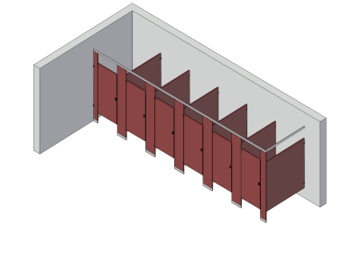 An isometric view of a standard 6 stalls, in corner right hand toilet partition layout