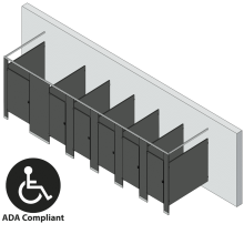 An isometric view of a ADA 6 stalls, free standing left hand toilet partition layout