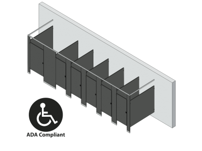 An isometric view of a ADA 6 stalls, free standing left hand toilet partition layout