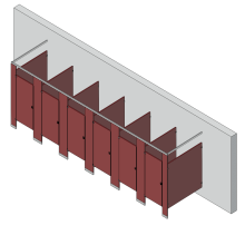 An isometric view of a standard 6 stalls, free standing left hand toilet partition layout