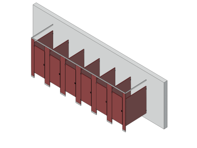 An isometric view of a standard 6 stalls, free standing left hand toilet partition layout