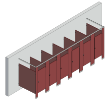 An isometric view of a standard 6 stalls, free standing right hand toilet partition layout