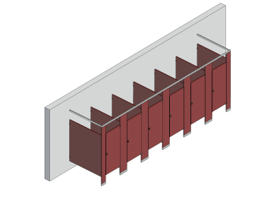 An isometric view of a standard 6 stalls, free standing right hand toilet partition layout