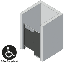 An isometric view of a ADA 1 stall, between walls left hand toilet partition layout