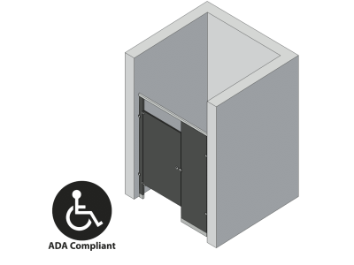 An isometric view of a ADA 1 stall, between walls left hand toilet partition layout