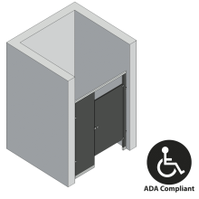 An isometric view of a ADA 1 stall, between walls right hand toilet partition layout