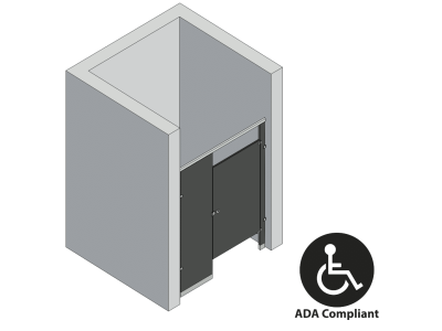 An isometric view of a ADA 1 stall, between walls right hand toilet partition layout