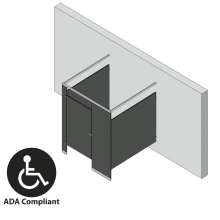 An isometric view of a ADA 1 stall, free standing left hand toilet partition layout