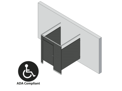 An isometric view of a ADA 1 stall, free standing left hand toilet partition layout