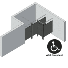 An isometric view of a ADA 2 stalls, alcove left hand toilet partition layout