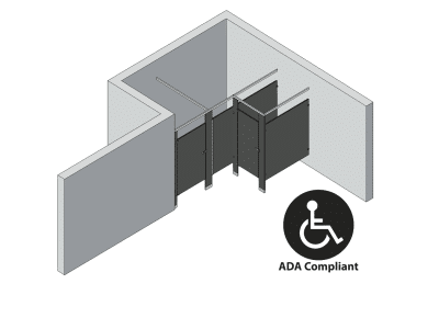 An isometric view of a ADA 2 stalls, alcove left hand toilet partition layout