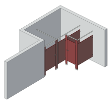 An isometric view of a standard 2 stalls, alcove left hand toilet partition layout