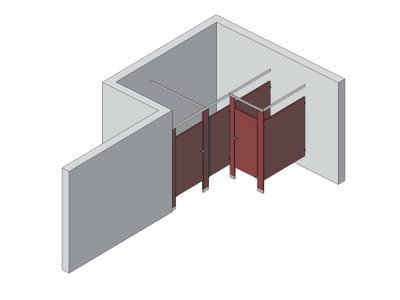 An isometric view of a standard 2 stalls, alcove left hand toilet partition layout