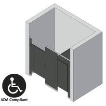 An isometric view of a ADA 2 stalls, between walls left hand toilet partition layout