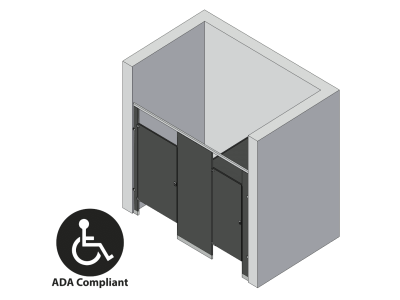 An isometric view of a ADA 2 stalls, between walls left hand toilet partition layout