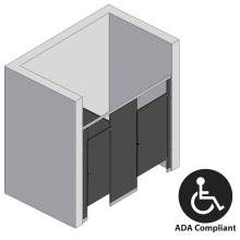 An isometric view of a ADA 2 stalls, between walls right hand toilet partition layout