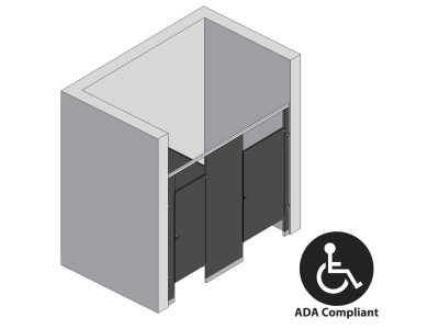 An isometric view of a ADA 2 stalls, between walls right hand toilet partition layout