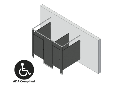 An isometric view of a ADA 2 stalls, free standing left hand toilet partition layout