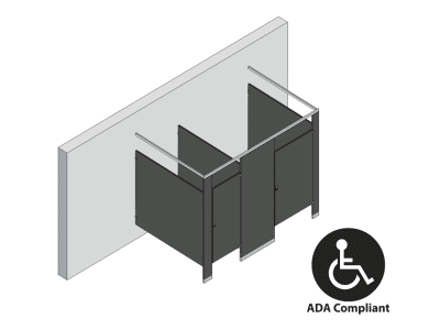 An isometric view of a ADA 2 stalls, free standing right hand toilet partition layout