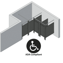 An isometric view of a ADA 3 stalls, alcove left hand toilet partition layout