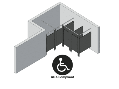 An isometric view of a ADA 3 stalls, alcove left hand toilet partition layout