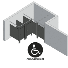 An isometric view of a ADA 3 stalls, alcove right hand toilet partition layout