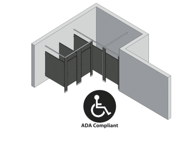 An isometric view of a ADA 3 stalls, alcove right hand toilet partition layout