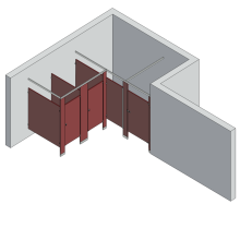 An isometric view of a standard 3 stalls, alcove right hand toilet partition layout