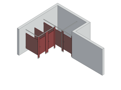 An isometric view of a standard 3 stalls, alcove right hand toilet partition layout