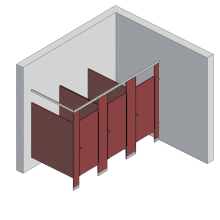 An isometric view of a standard 3 stalls, in corner left hand toilet partition layout