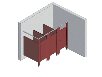 An isometric view of a standard 3 stalls, in corner left hand toilet partition layout