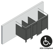 An isometric view of a ADA 3 stalls, free standing right hand toilet partition layout