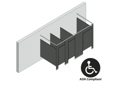 An isometric view of a ADA 3 stalls, free standing right hand toilet partition layout