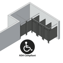 An isometric view of a ADA 4 stalls, alcove left hand toilet partition layout