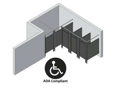 An isometric view of a ADA 4 stalls, alcove left hand toilet partition layout