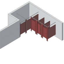 An isometric view of a standard 4 stalls, alcove left hand toilet partition layout