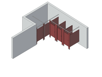 An isometric view of a standard 4 stalls, alcove left hand toilet partition layout