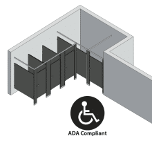 An isometric view of a ADA 4 stalls, alcove right hand toilet partition layout