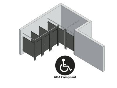 An isometric view of a ADA 4 stalls, alcove right hand toilet partition layout